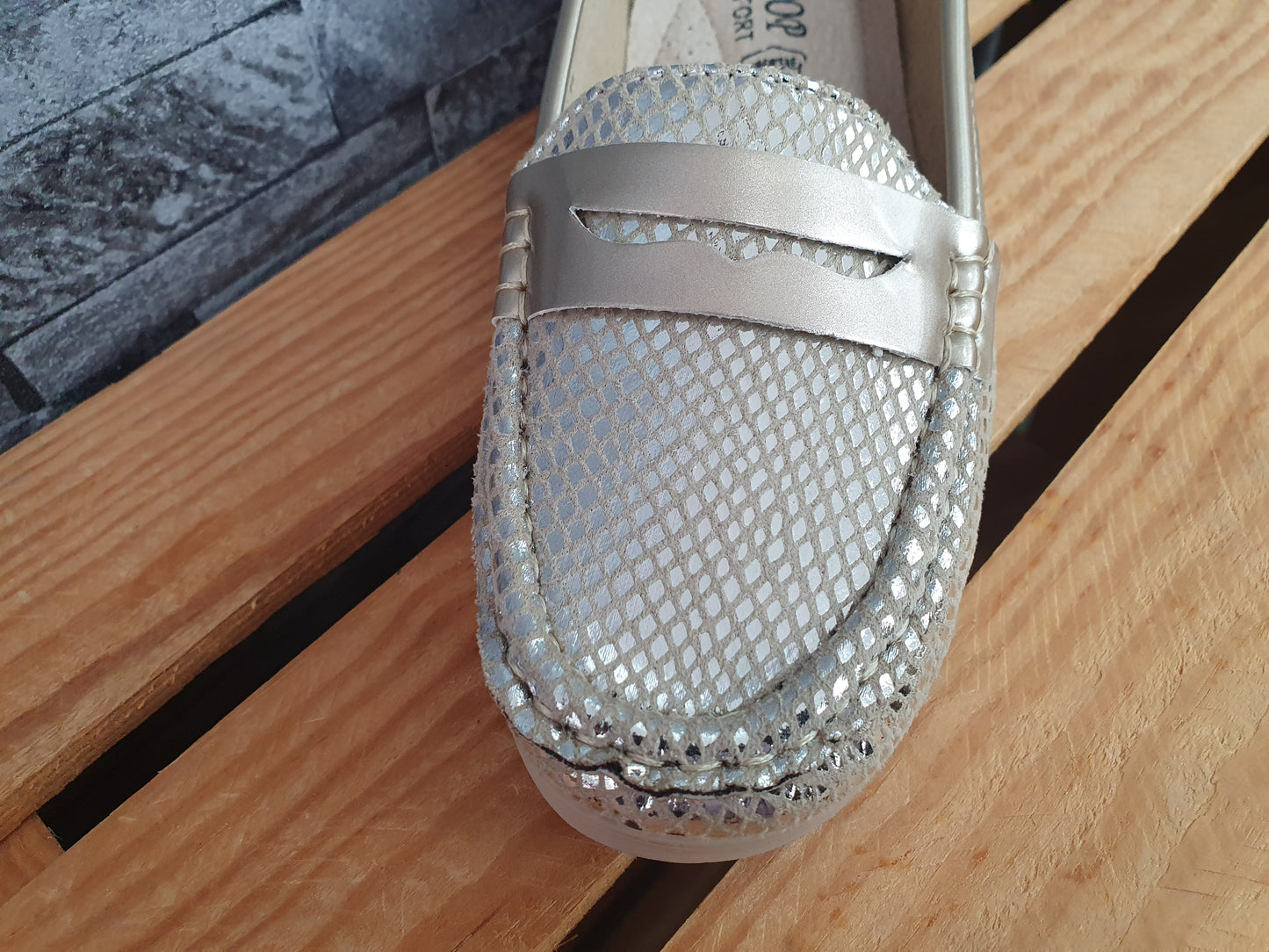 Damen Comfort Ballerina Schuhe Halbschuhe Glitzer Grau & Gold Lederinnensohle