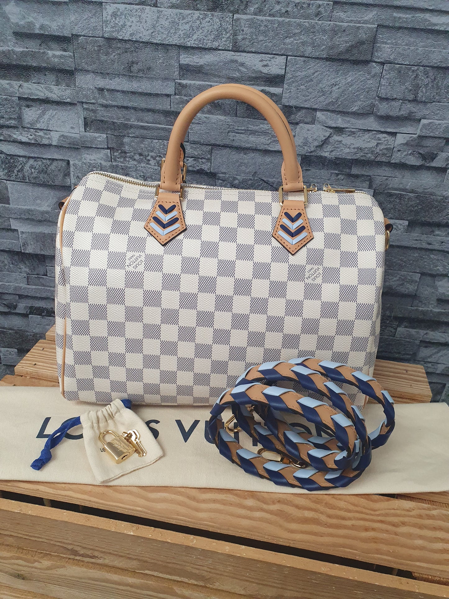Original Louis Vuitton Speedy Azur Canvas Schulterriemen Neuwertig