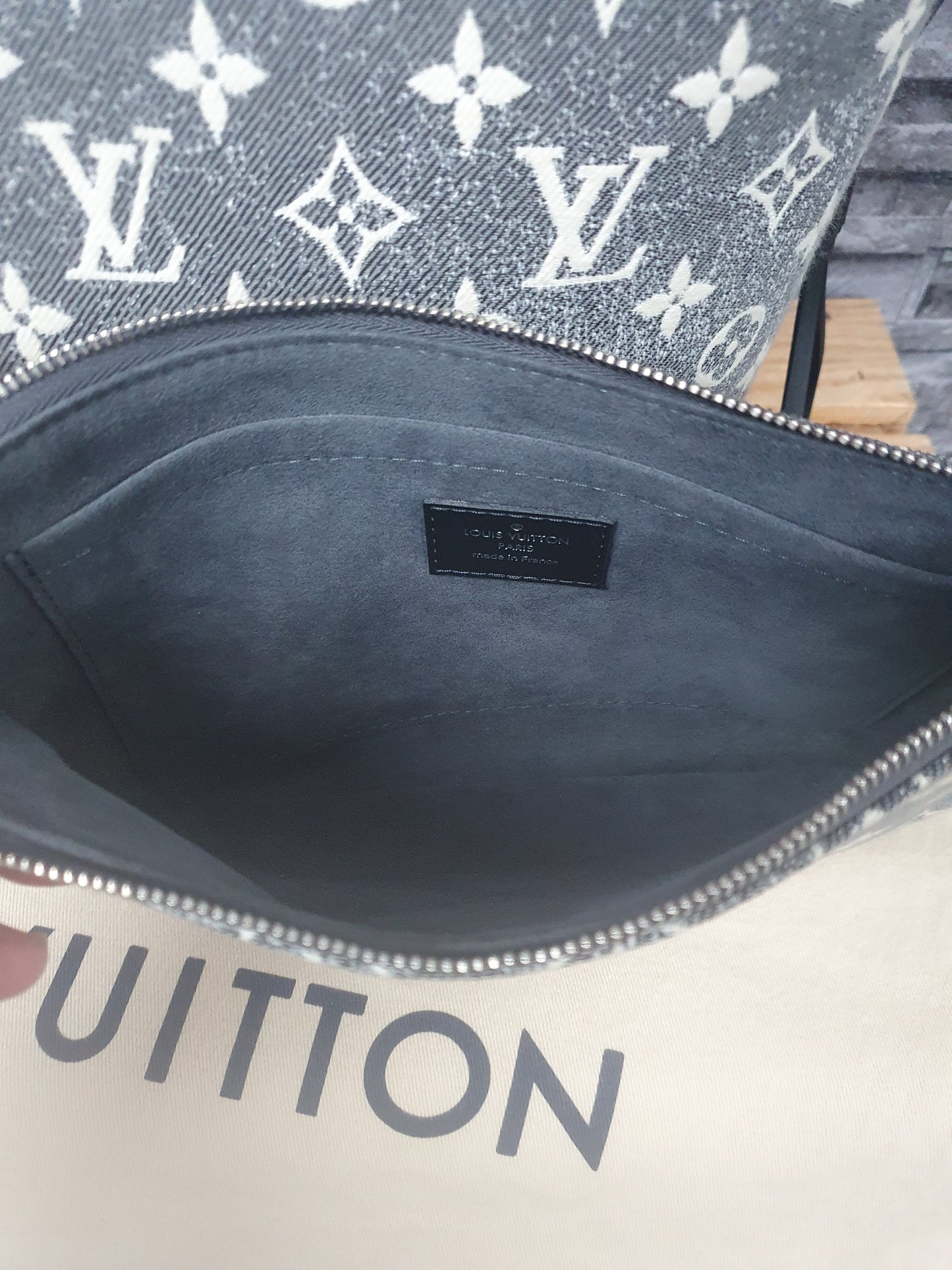 Orginal Louis Vuitton Neverfull MM Monogram Jequard Denim Grau Schwarz FullSet