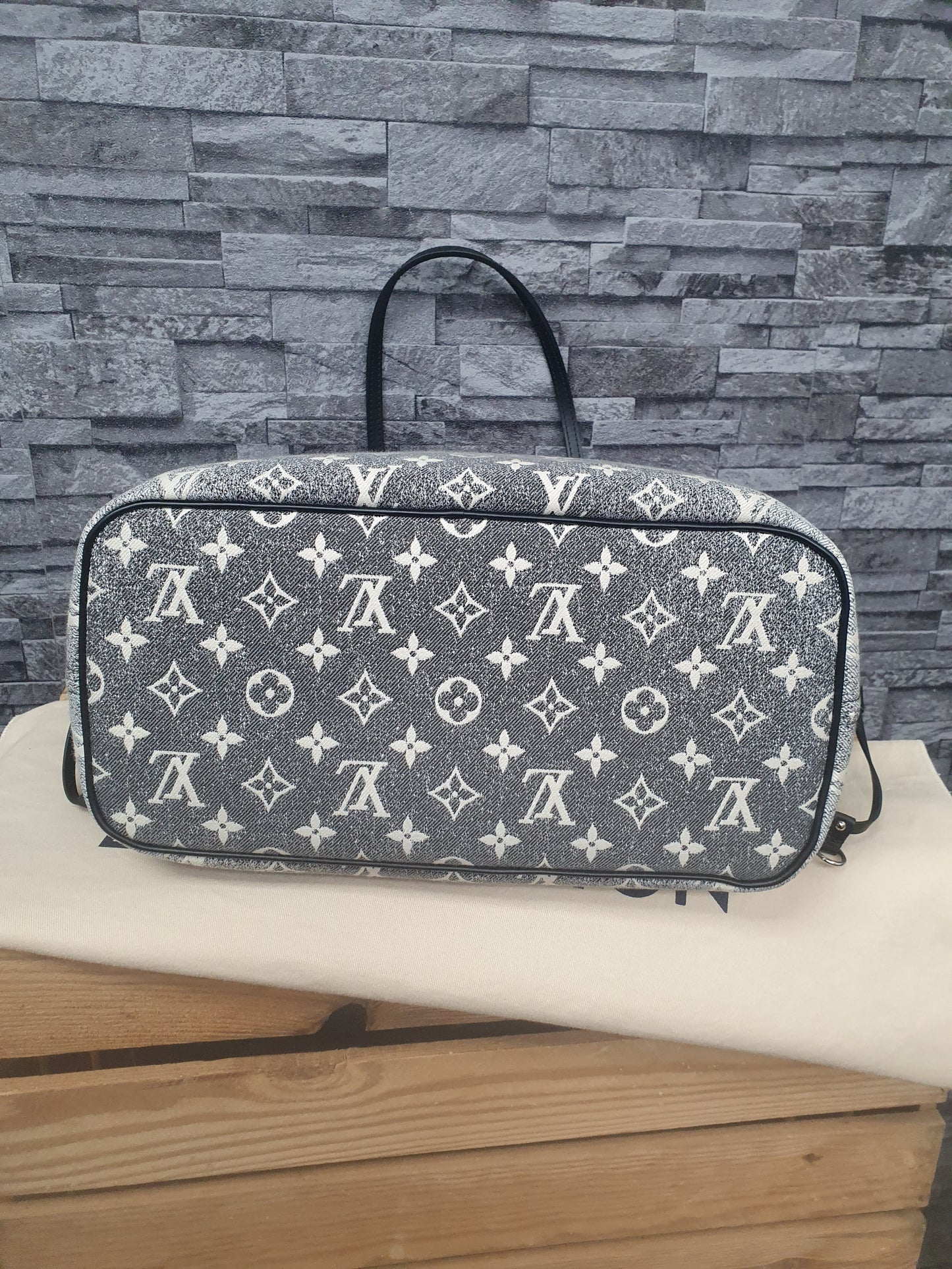 Orginal Louis Vuitton Neverfull MM Monogram Jequard Denim Grau Schwarz FullSet