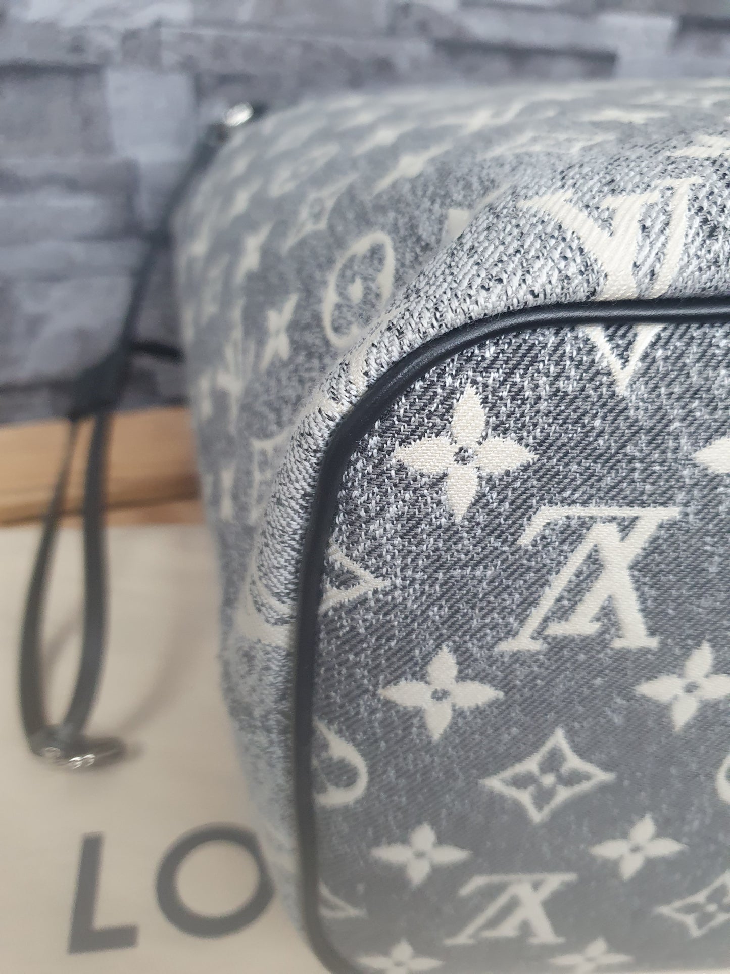 Orginal Louis Vuitton Neverfull MM Monogram Jequard Denim Grau Schwarz FullSet