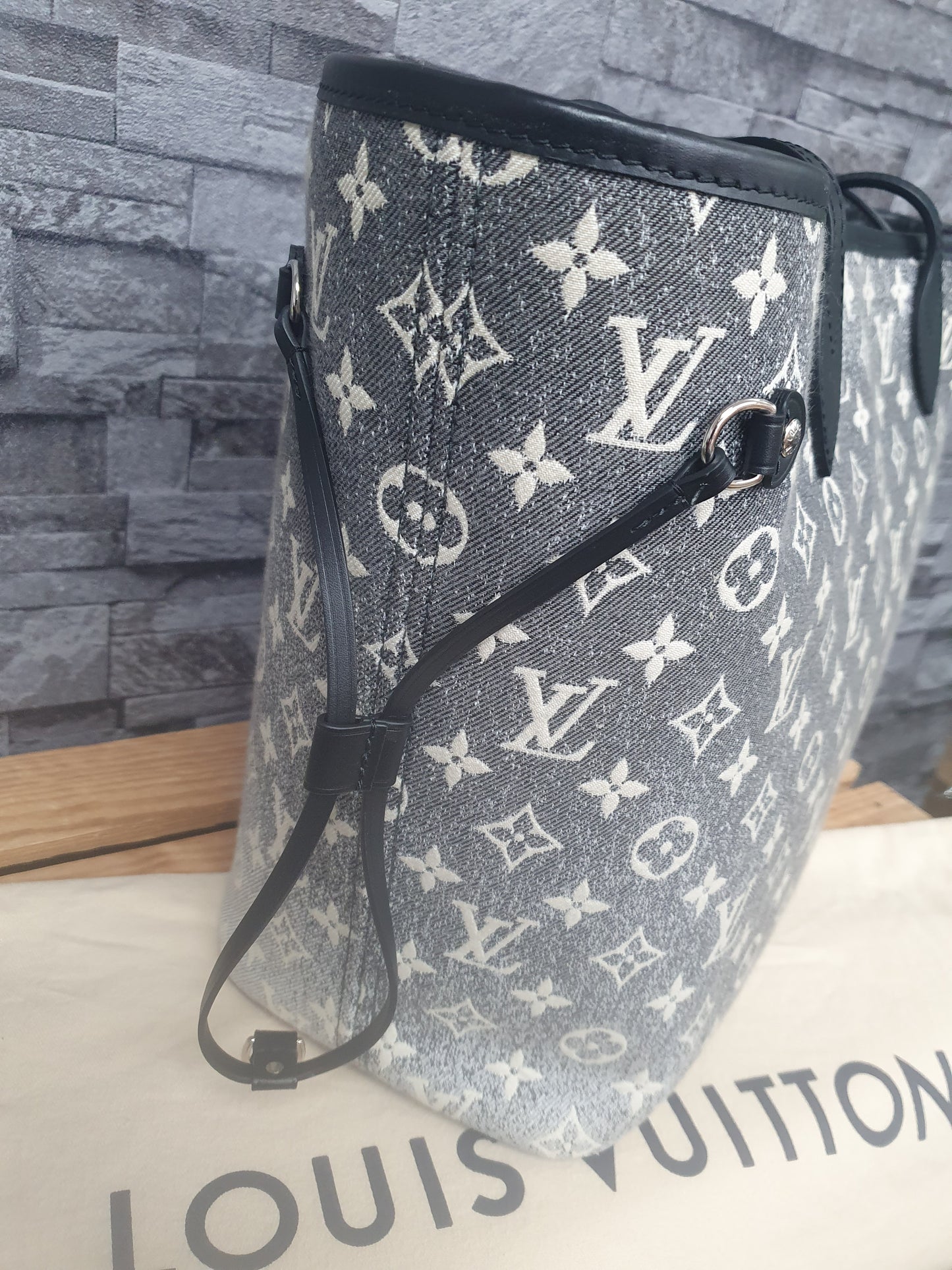 Orginal Louis Vuitton Neverfull MM Monogram Jequard Denim Grau Schwarz FullSet