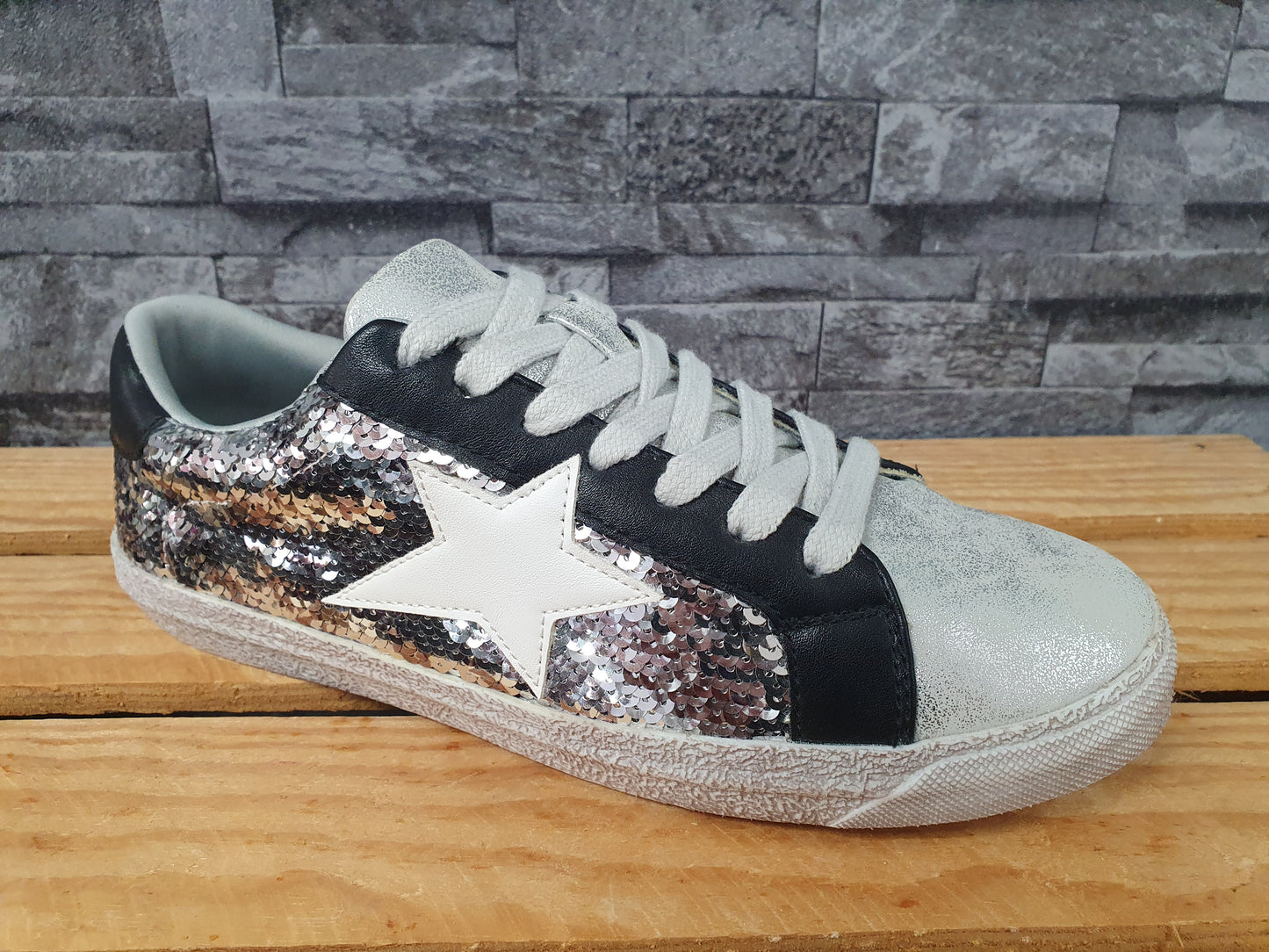 Damen Sneaker Schuhe Glitzer Pailletten  Silber