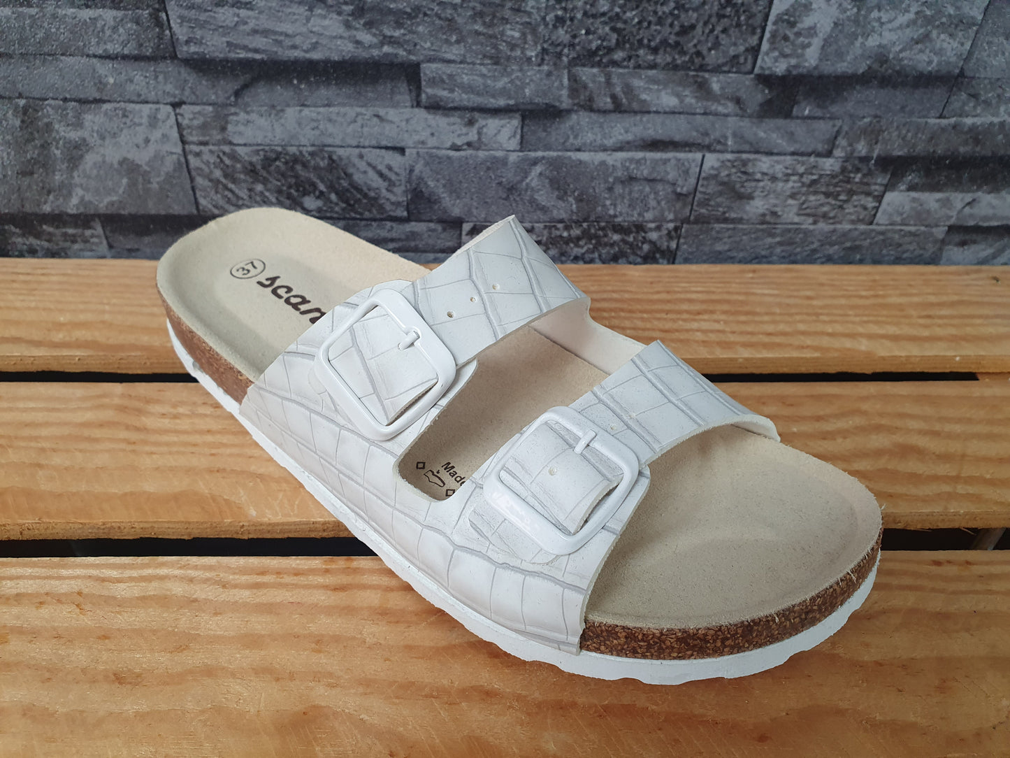 Damen Scandi Pantoletten Sandalette  Schuhe Weiß & Grau PU Sommer