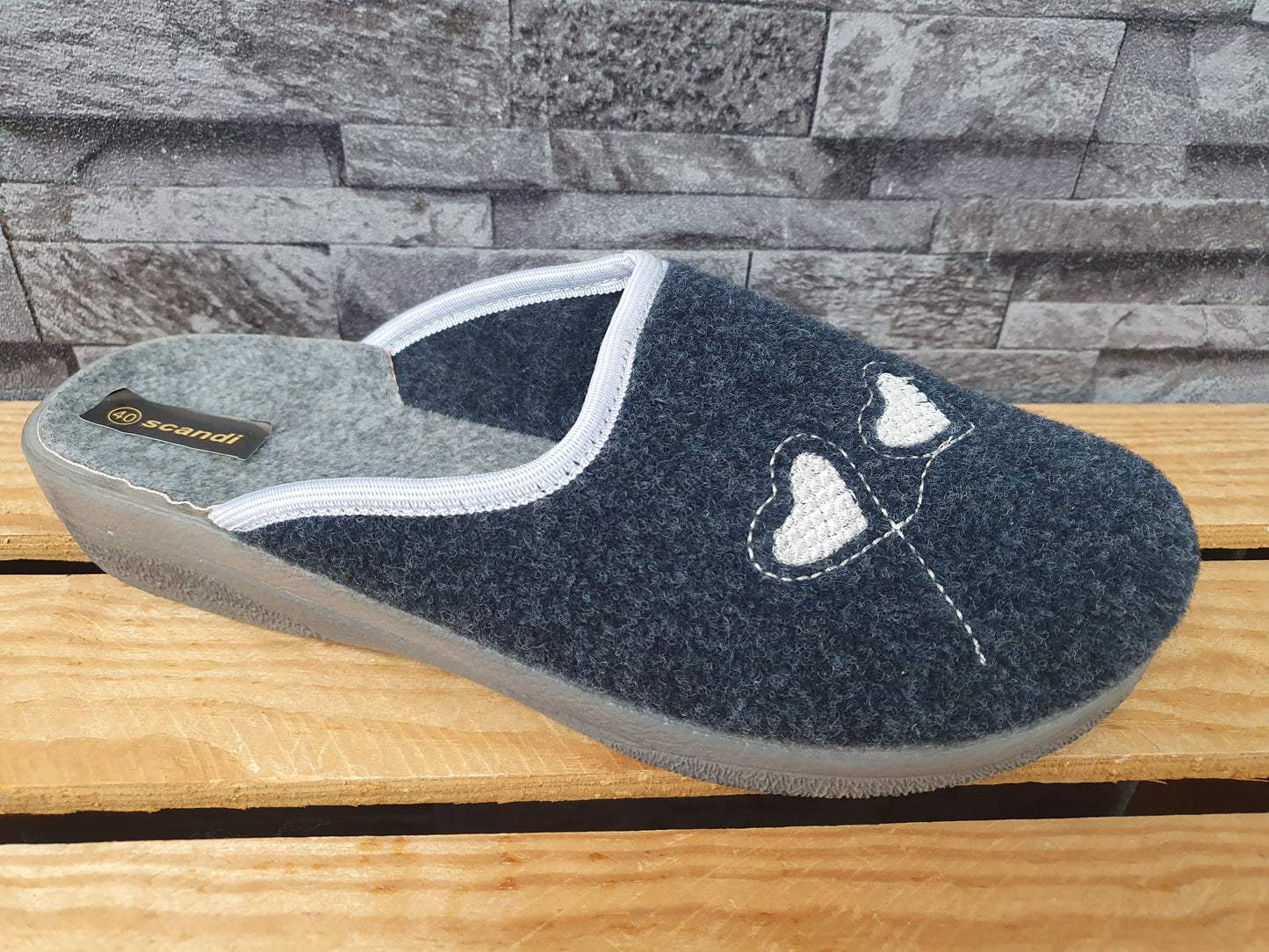 Scandi Damen Hausschuhe Herzen  TR  Plüschstoff Blau