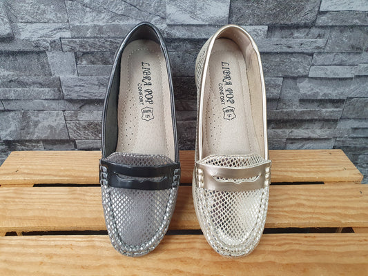 Damen  Comfort Ballerina  Schuhe Halbschuhe Glitzer Grau  &  Gold Lederinnensohle