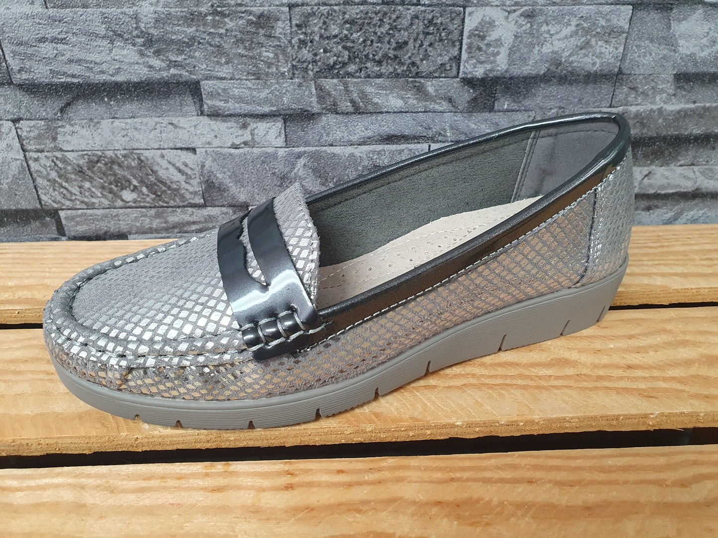Damen  Comfort Ballerina  Schuhe Halbschuhe Glitzer Grau  &  Gold Lederinnensohle