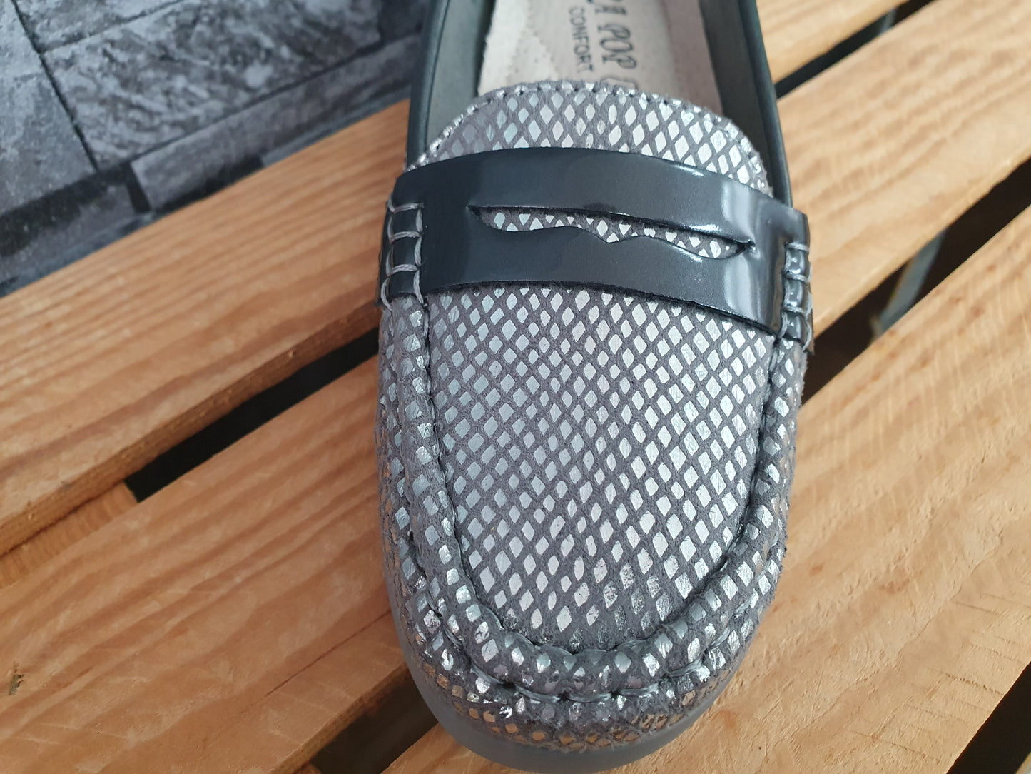 Damen  Comfort Ballerina  Schuhe Halbschuhe Glitzer Grau  &  Gold Lederinnensohle