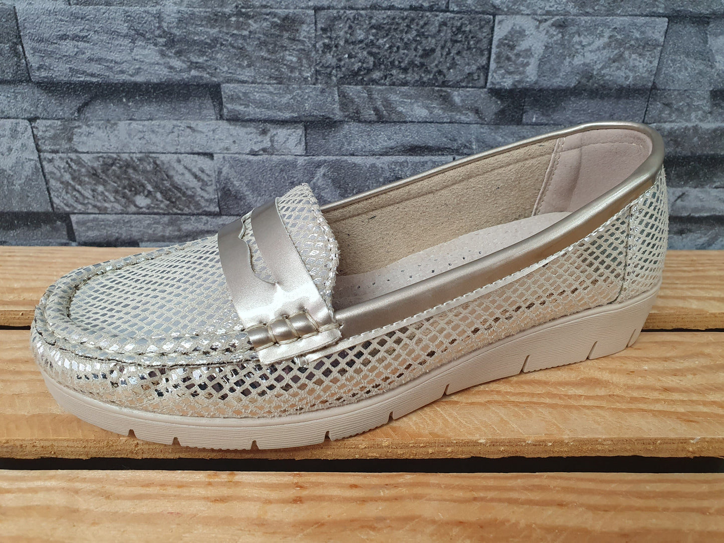Damen  Comfort Ballerina  Schuhe Halbschuhe Glitzer Grau  &  Gold Lederinnensohle