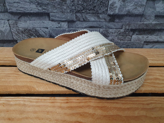 Damen Pantolette  Plateau Beige Gold Pailletten Sommer Stylisch