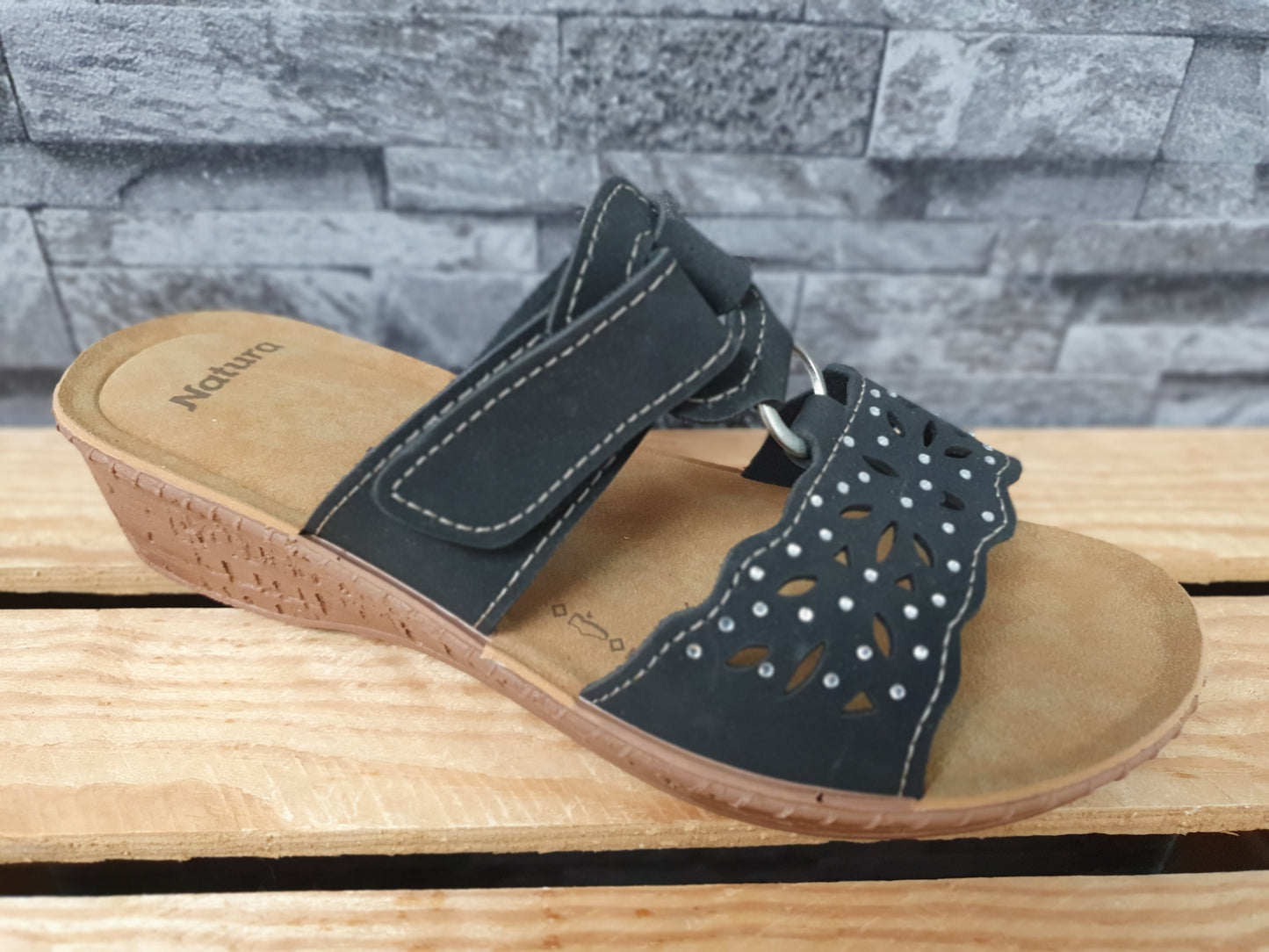 Damen Natura Pantolette Schwarz Kailabsatz Glitzer 1 x Klett