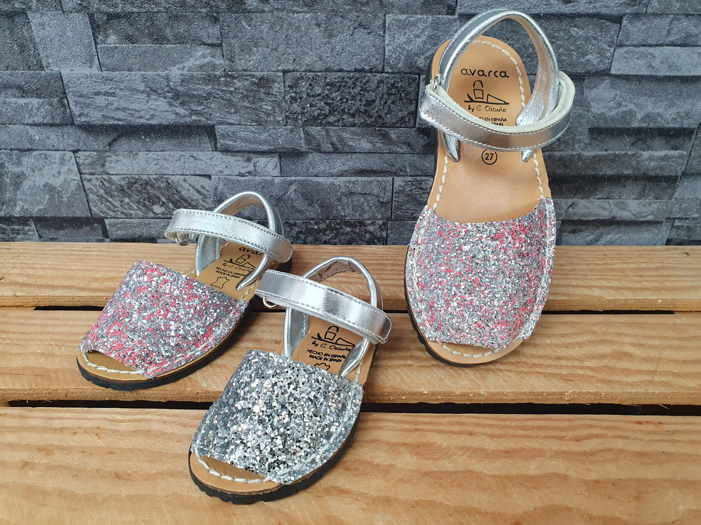 Avarca Spanische Mädchen Glitter Sandalen- Silber & Rosa