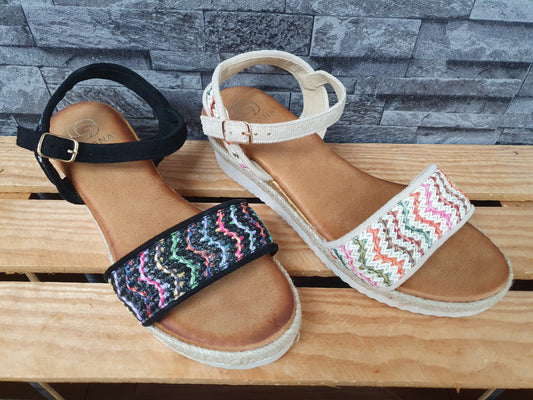 Damen Sandalen  Sandalette Espadrilles Beige  &  Schwarz Kailabsatz
