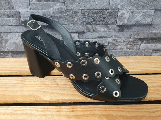 Damen Sandalen Sandalette Schwarz Nieten Größe 40 Blockabsatz