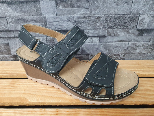 Damen Sandalette Sandalen Schuhe  3 x Klett  Kailabsatz  Schwarz