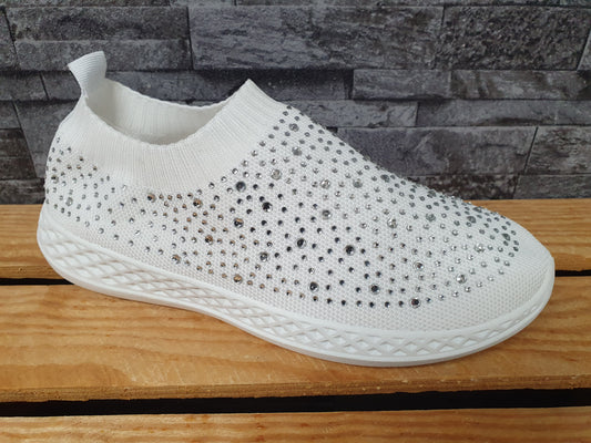 Damen Sneaker Schuhe Freizeitschuhe Stoff Glitzer Weiß & Grau