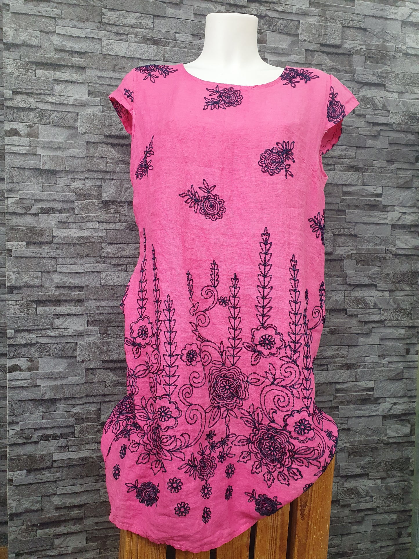 Made In Italy Damen Kleid Sommerkleid Blau & Pink Einheitsgröße Leinen