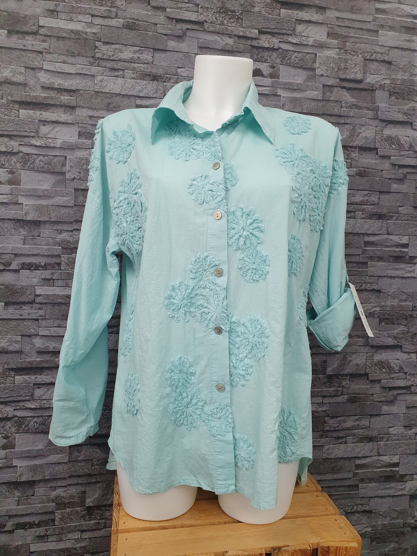 Made In Italy Damen Bluse  3D Blumen Langarm Türkis Einheitsgröße Größe 36-44