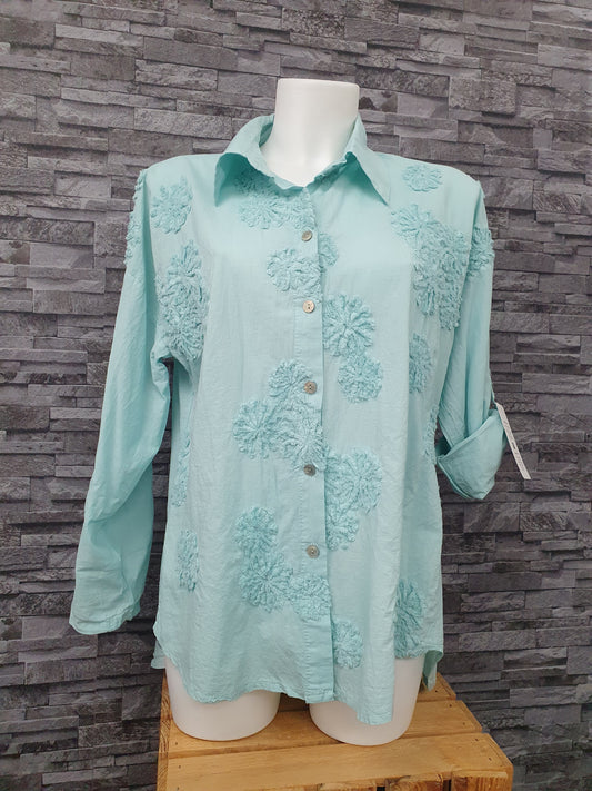 Made In Italy Damen Bluse  3D Blumen Langarm Türkis Einheitsgröße Größe 36-44