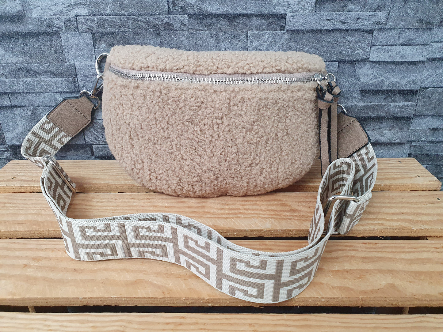 Damen Teddy Plüsch Bum Bag  Tasche Umhängetasche  Grau & Beige & Braun