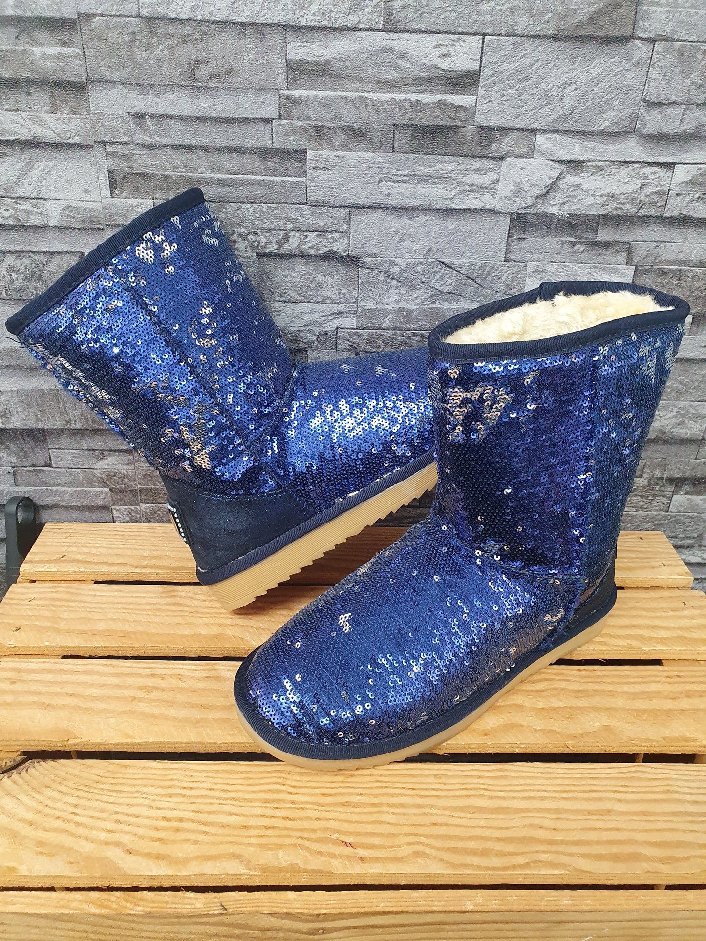NEU! Damen Boots Pailetten   Blau Silber Gefüttert Kunstfell  Gr. 37-40