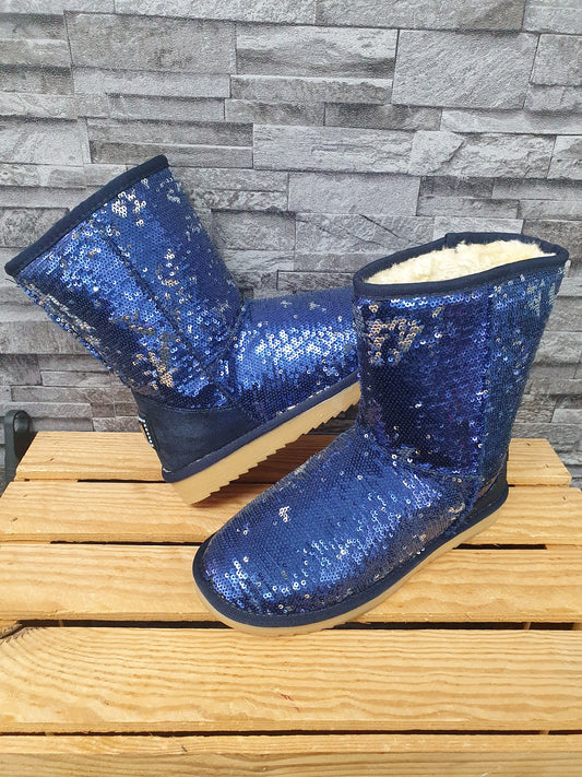 NEU! Damen Boots Pailetten   Blau Silber Gefüttert Kunstfell  Gr. 37-40