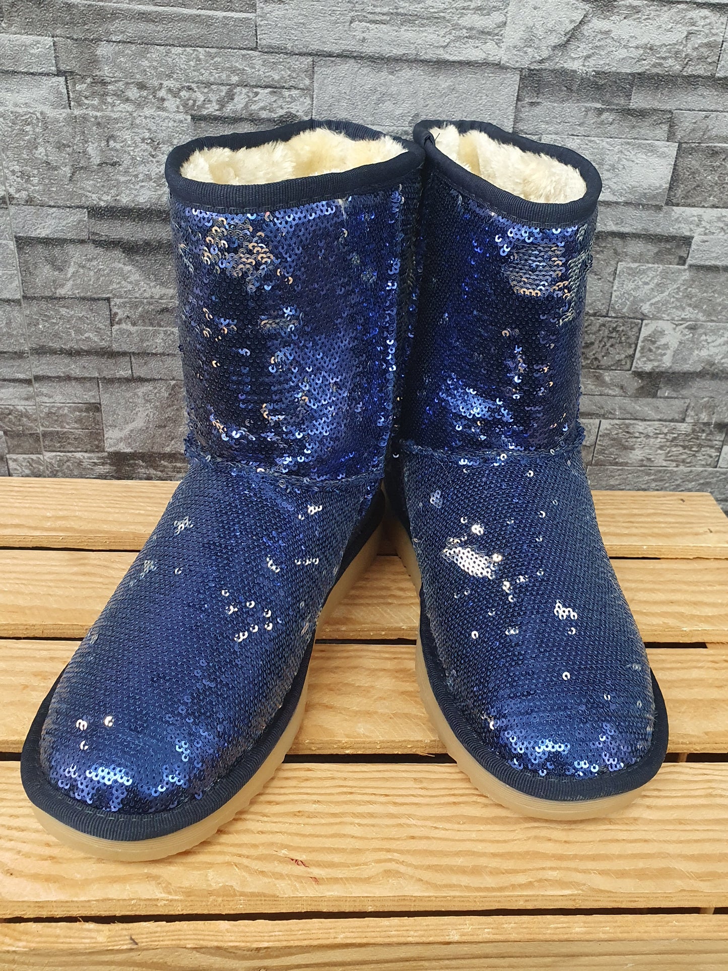 NEU! Damen Boots Pailetten   Blau Silber Gefüttert Kunstfell  Gr. 37-40