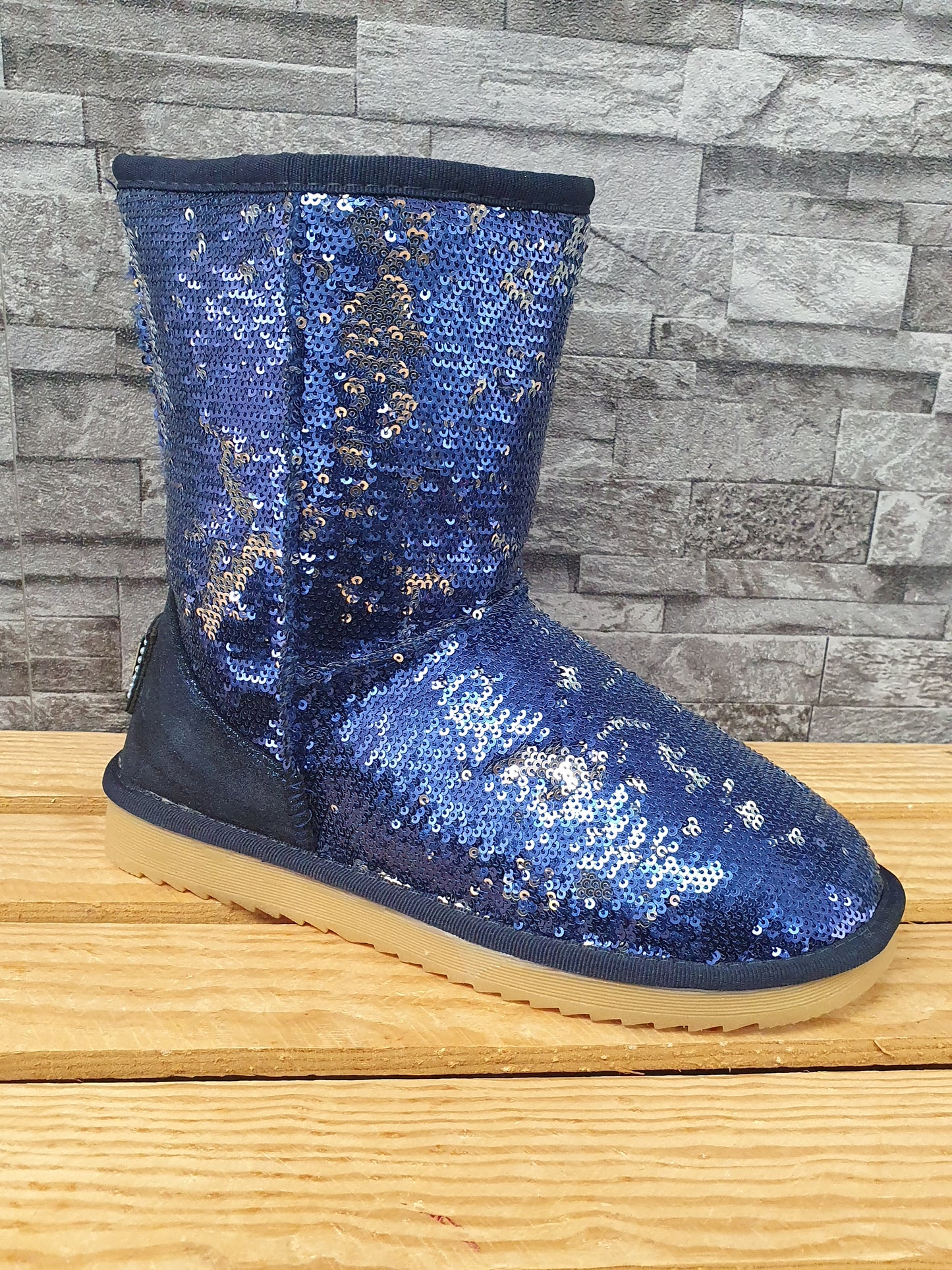 NEU! Damen Boots Pailetten   Blau Silber Gefüttert Kunstfell  Gr. 37-40
