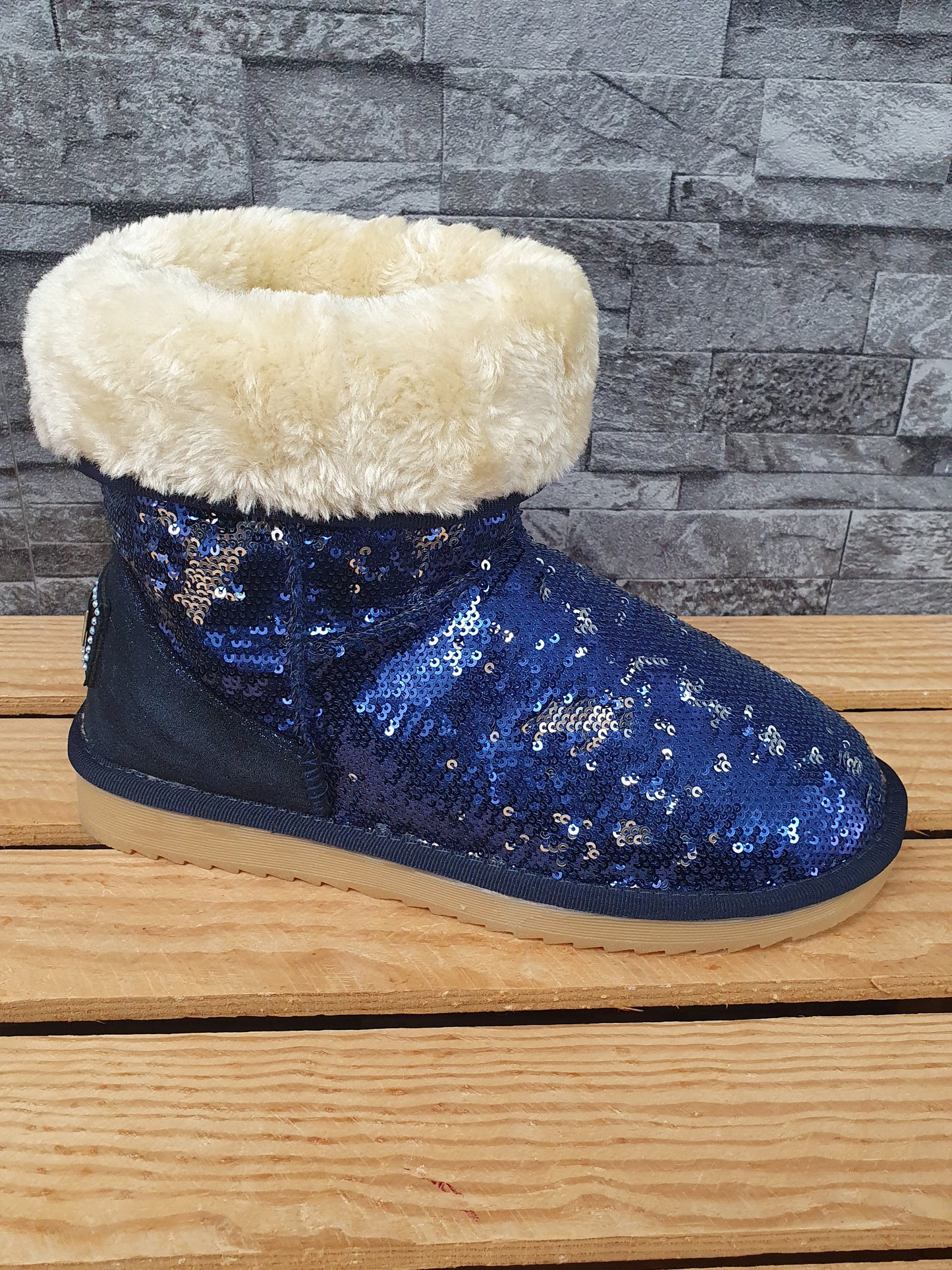 NEU! Damen Boots Pailetten   Blau Silber Gefüttert Kunstfell  Gr. 37-40