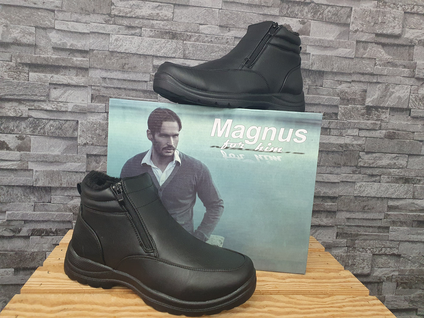 Magnus Herren Boots Warmfutter Schwarz 2 x Reißverschluss Schuhe Winterschuhe