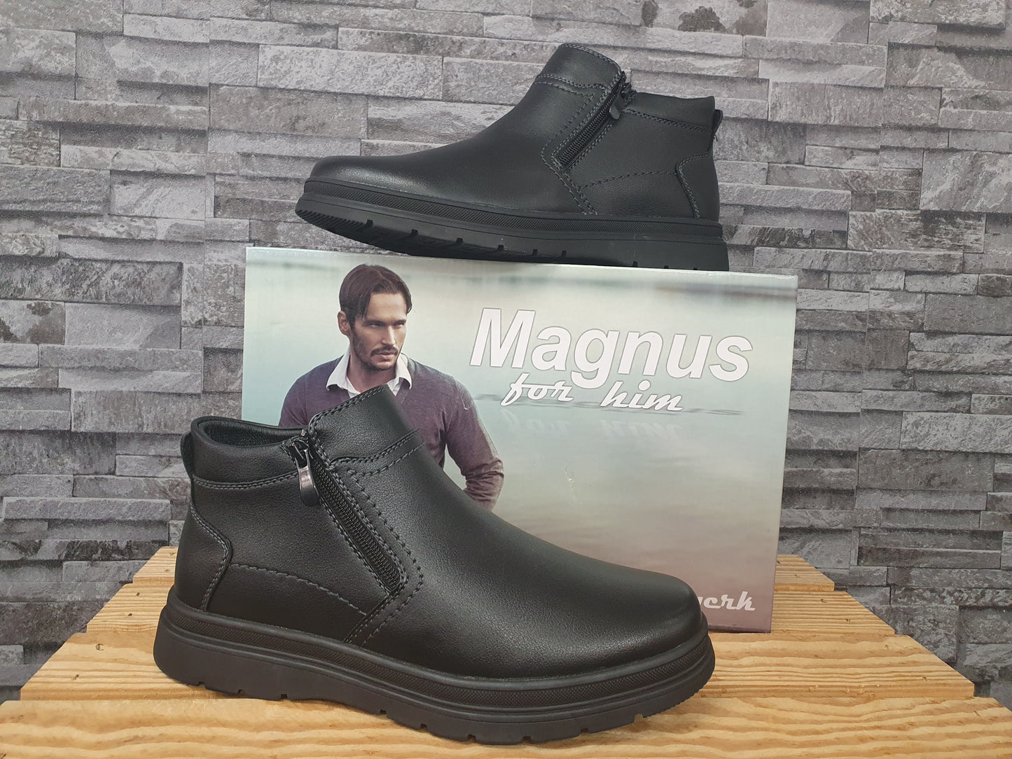 Magnus Herren Stifelette Schwarz Boots  Gefüttert Gummisohle Schuhe