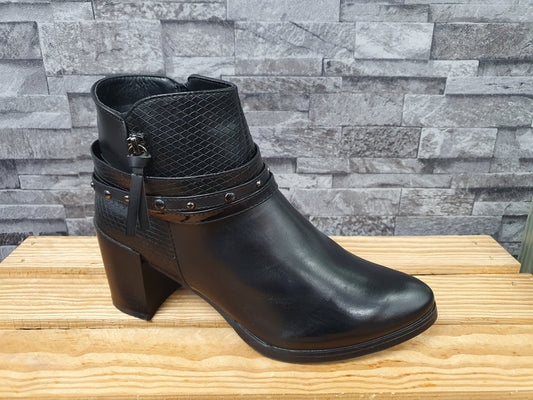 Damen Topway Stiefelette Schwarz, Snake-Optik, 7,5 cm Blockabsatz